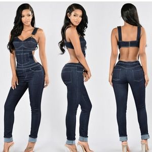 Open back denim jumpsuit